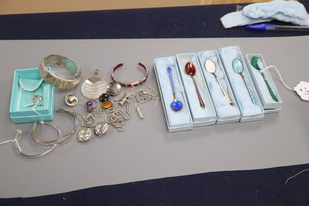 Egon Lauridsen, Denmark, a set of five silver-gilt and enamel coffee spoons and a collection of modern silver jewellery,